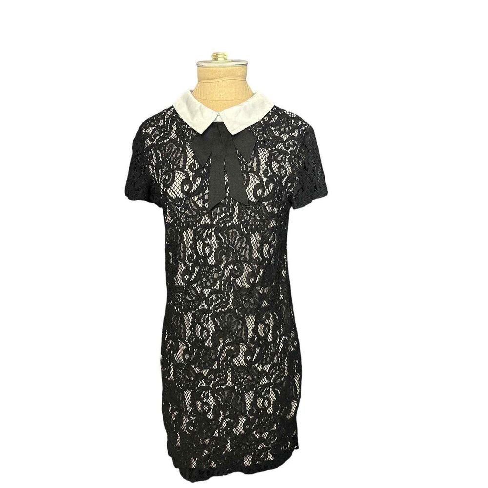 Betsey Johnson Dark Academia Black Lace Overlay Nude Lining Collar Tie Size 4
